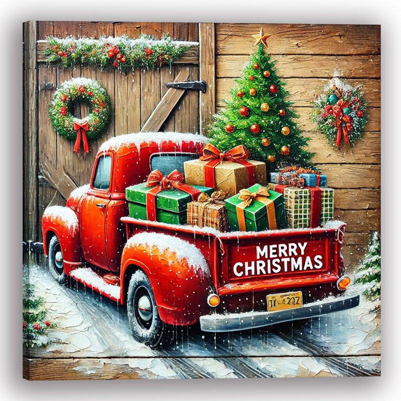 Art mural sur toile Rustic Christmas Courier: camion rouge avec cadeaux, 30" H x 30" W