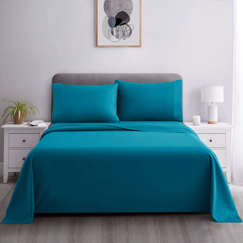 Ensemble de draps en mélange de coton 600 Marina Marina, Ensemble de draps pour lit double avec 2 taies d'o, Bleu sarcelle
