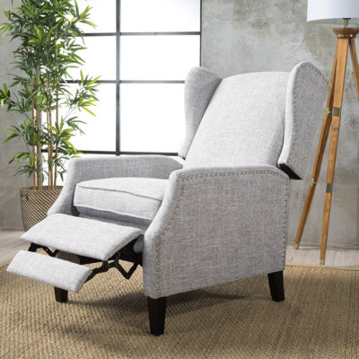 Pushback Recliner Chair, Modern Fabric Wingback Armchair With Nailhead Trim, And Wood Legs, Classic Living Room Recliner For Bedroom