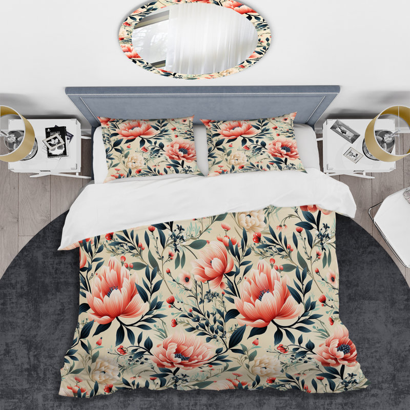 Literie élégante rouge et bleu sarcelle Blooming Gardens, Housse de couette simple + 1 taie décorative stan