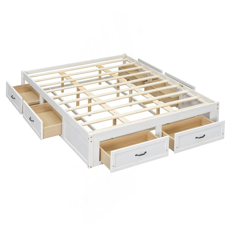 Grand lit plateforme avec 6 tiroirs de rangement, Grand lit, Blanc antique