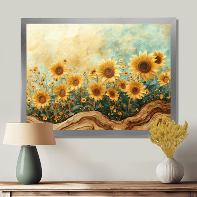 Donnia tournesols champ paysage sur un sommet de rivière en bois II - tournesols, art mural
