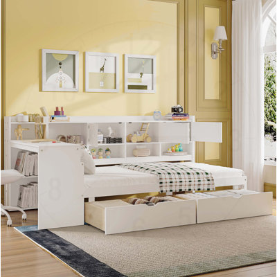 Lit de jour en L pleine grandeur en bois avec rangement, bureau d'étude et bibliothèque, gris, multifonctionnel pour les chambres et les chambres d'amis