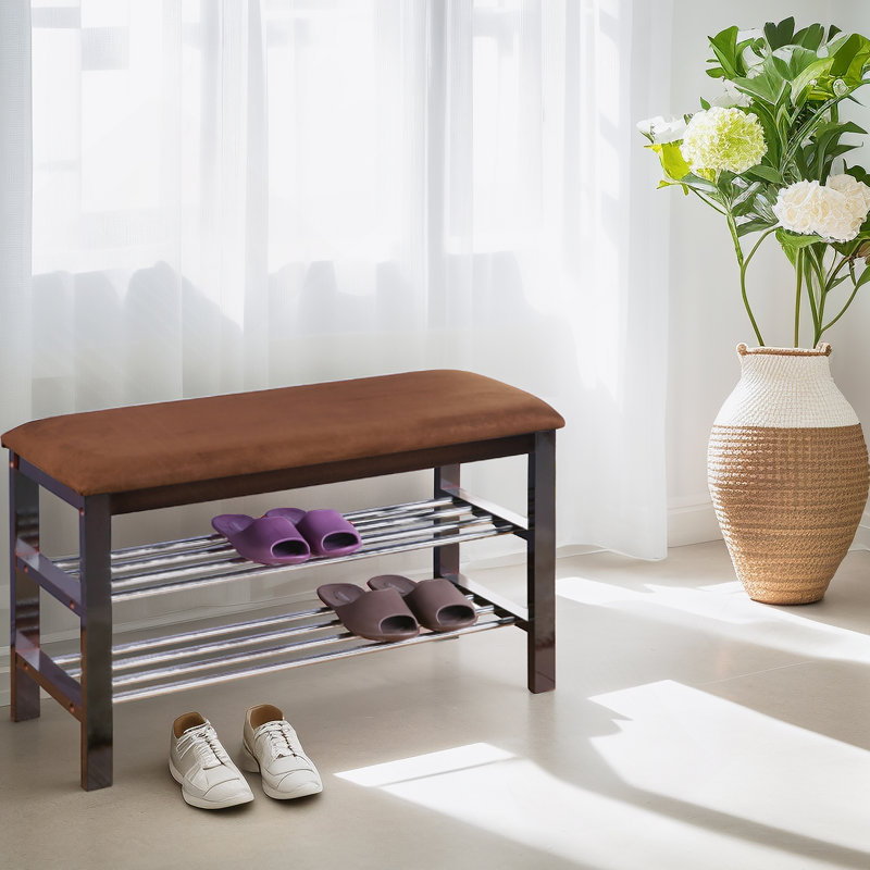 Wood Shoe Bench With Chocolate Microfiber Seat