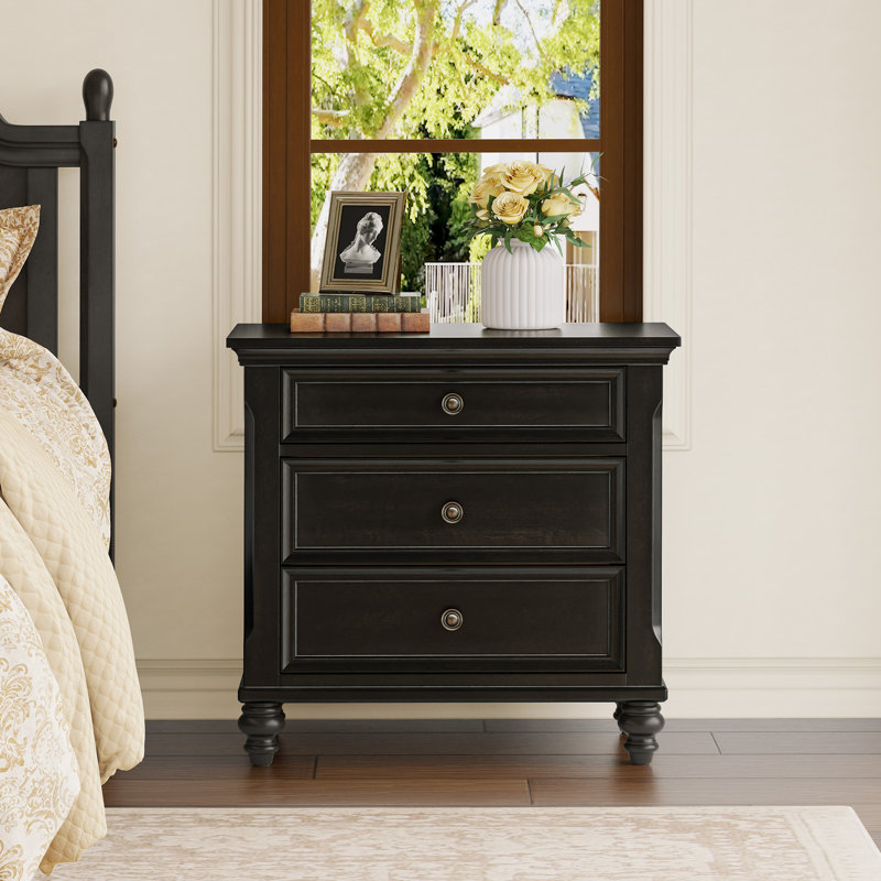 Mid-Century Modern Solid Wood Nightstand 3-Drawers, Vintage Black