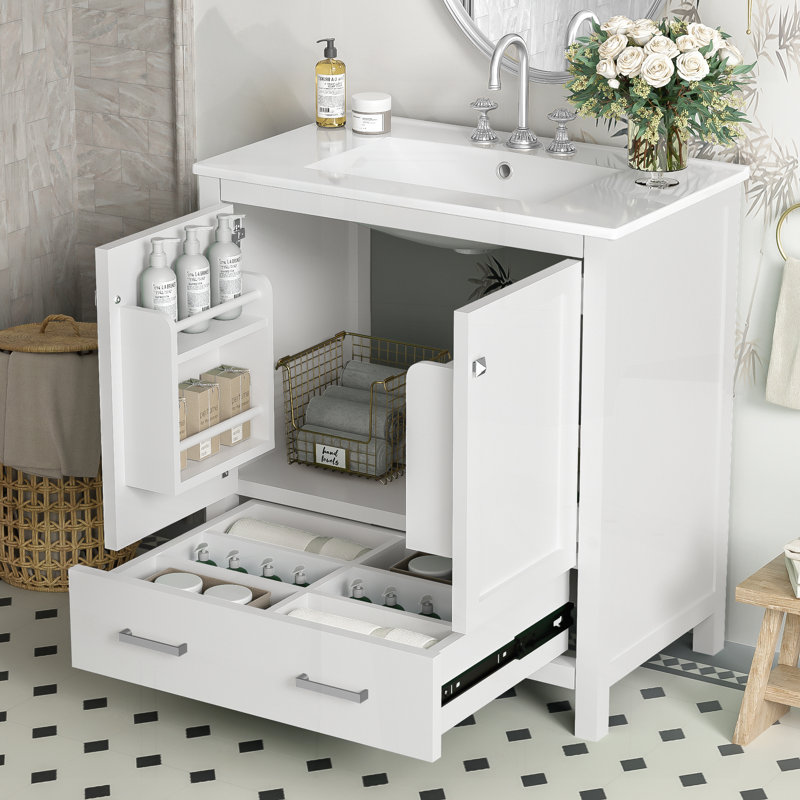 Meuble-lavabo de 30 po avec lavabo simple, meuble-lavabo encastré, rangement multifonctionnel, fermeture en douceur, structure en bois massif