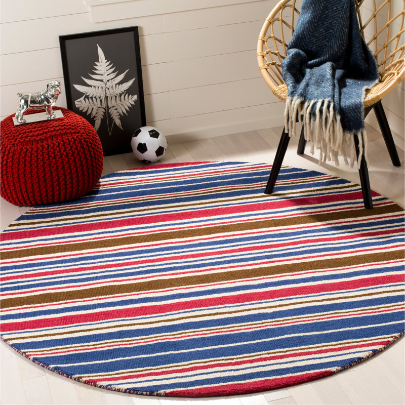 Tapis rayé en laine / coton bleu / rouge Alvardo, Rond 6 pi