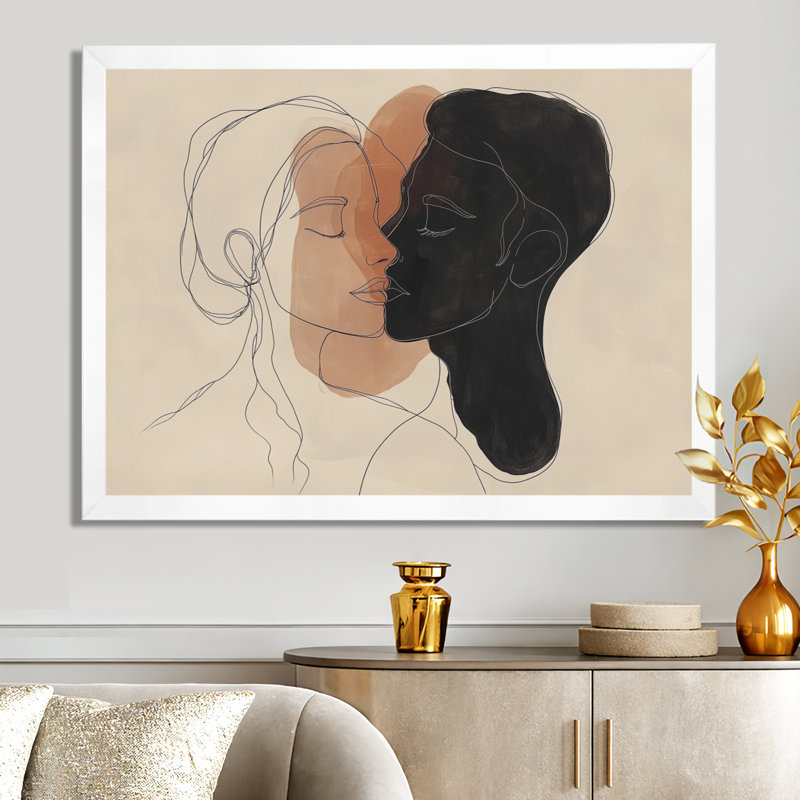 Étreinte en ligne - Portrait encadré minimaliste, 34" H x 44" W, White Picture Framed