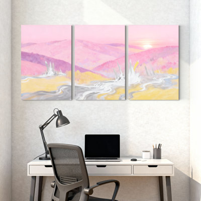 Scénario et paysages urbains, montagnes roses, champs jaunes, reflet de l'eau, ensemble de 3 impressions sur toile