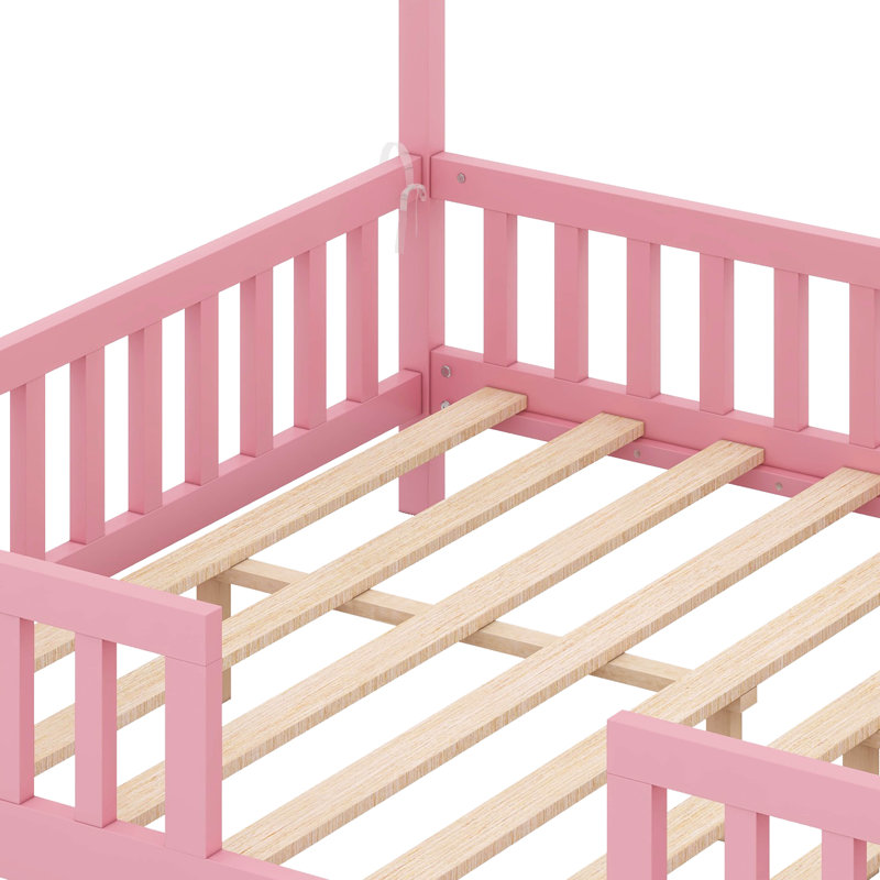 Lit double avec auvent, cadre de lit en forme de maison avec de hautes rampes, toit, Rose