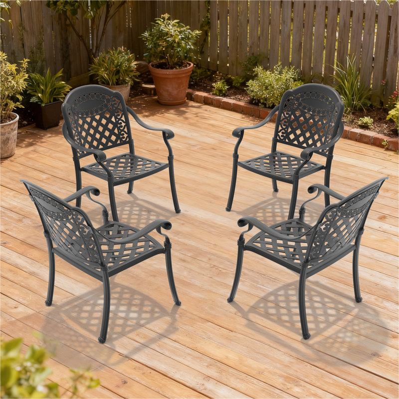 Chaise de patio en fonte d'aluminium 4 pièces avec cadre noir, Red, 4