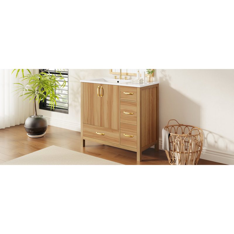 Meuble-lavabo polyvalent en bois massif de 36 po de style moderne pour les petites et moyennes salles de bain