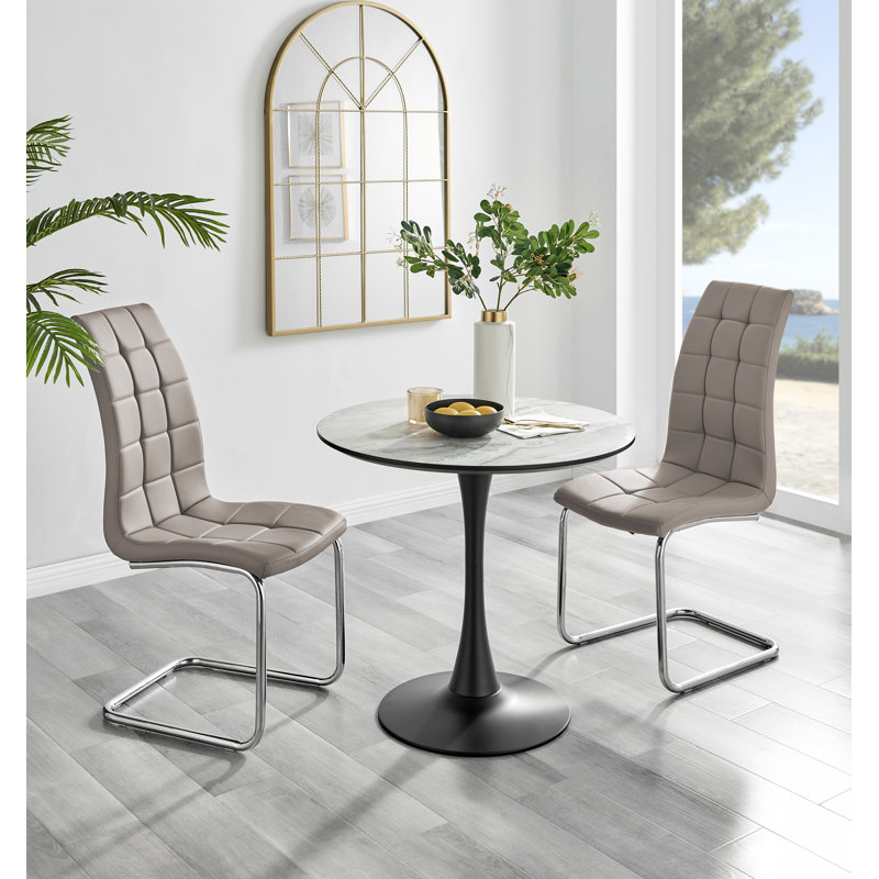 Elina White Marble Effect Melamine Round 80cm Dining Table and 2 Faux Leather Dining Chairs, Cappuccino/Silver