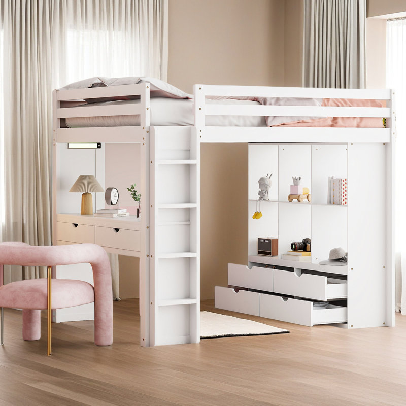 Lit mezzanine avec grandes tablettes, bureau et lumière DEL, Lit double, Blanc