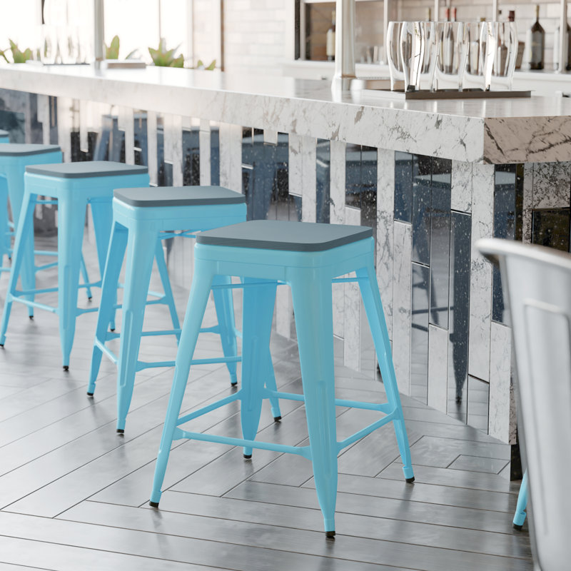 Tabouret de bar Bushea, Bleu, Tabouret de comptoir (siège d'une hauteur de 24 p