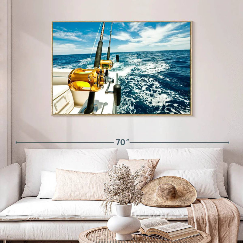 Moulinets de pêche en haute mer, Cadre flottant en bois naturel, 46 po x 31 po