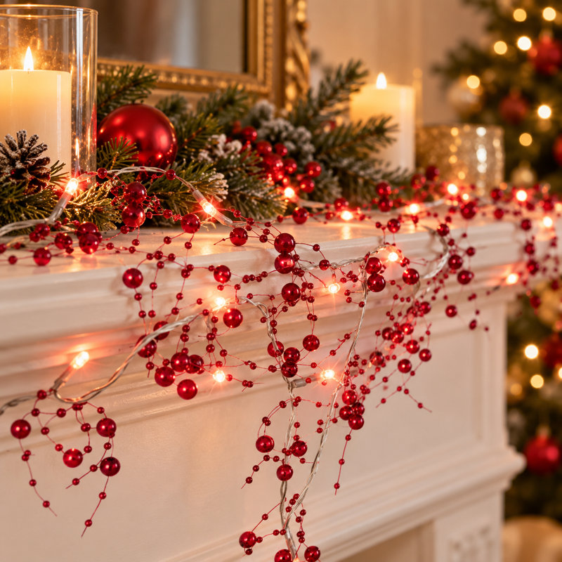 20 LED Beaded String Lights, Red, 3 ft