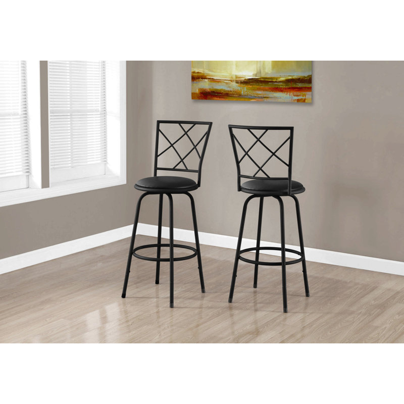 Bar Stool, Set Of 2, Swivel, Bar Height, Black Metal, Leather Look