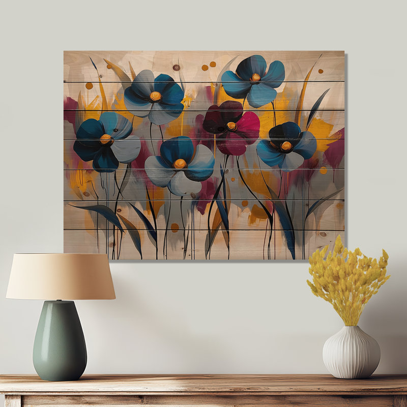 Red Blue Cornflower Blooms - Cornflowers Wood Wall Decor - On Natural Pine Wood, 30" H x 40" W x 0.78" D