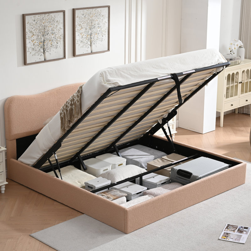 Lit plateforme tapissier Bensu Boucle, Très grand, Rosé