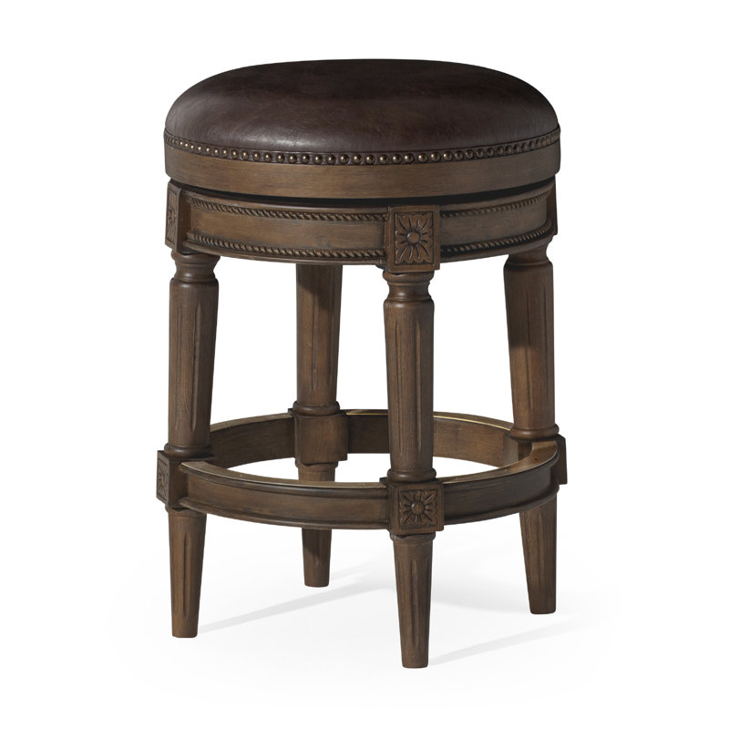Maven Lane Pullman Backless Swivel Kitchen Stool with Upholstery Seat, Counter Stool (26" Seat Height), Walnut/Faux Leather