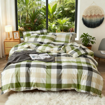 DONEUS 100% Washed Cotton Gingham Duvet Cover Set Natural Linen Like Textured Bedding Set 3 Pieces with Zipper Closure