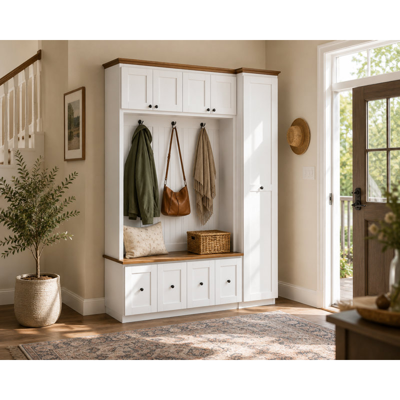 79'' Hall Tree with Utility Storage Cabinet, Entryway Organizer with 6 Storage Cabinets, 4 Hooks & Bench, Tall Vacuum Storage for Mudroom