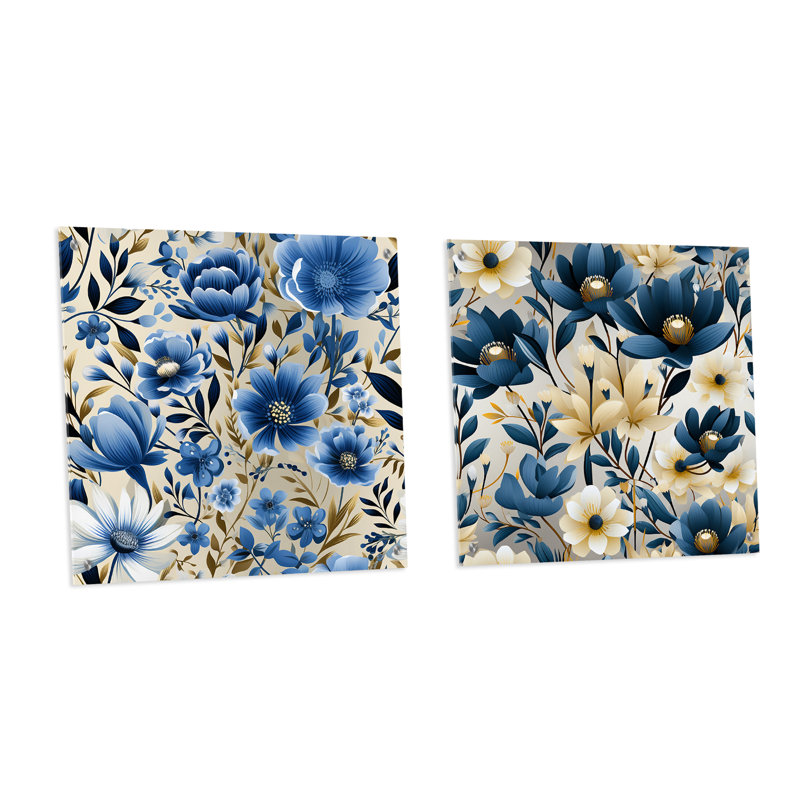 Motif floral scandinave bleu - ensemble de 2 peintures murales en acrylique, H 36 po x l 73 po