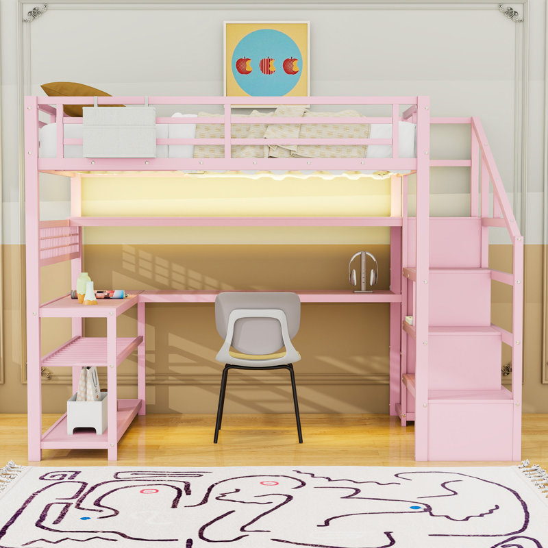 Full Loft Bed With Storage Stair, Wardrobe, L‑Shaped Desk, Shelves, LED Lights And Charging Station, Pink