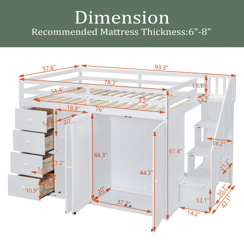 Lit mezzanine double avec tiroirs Javonti Kids, Blanc