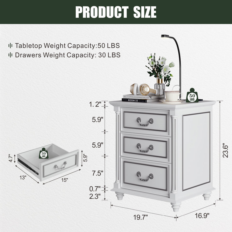 3 Drawer Bedside Table With Reading Light, White