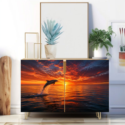 Buffet étroit de 35,4 po de largeur - armoire de rangement d'appoint à 2 portes avec impression de dauphins coucher de soleil sur un coucher de soleil et pieds en métal