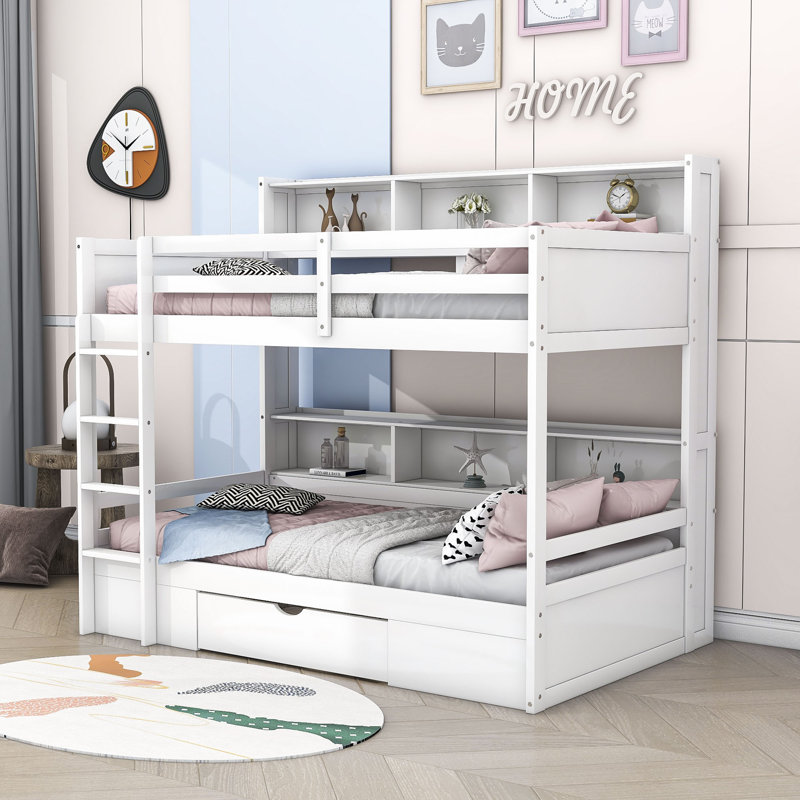 Halsy Kids Twin over Twin Drawer Wood Bunk Bed with Shelves, White