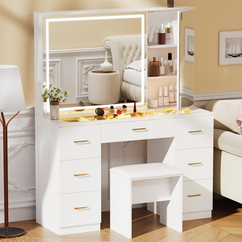 Vanity Desk with Mirror and Lights,Makeup Vanity Table with Glass Top and 7 Drawers&Cushioned Stool,Dressing Table with Drawers, Bedroom Makeup Desk for Women (White-Glass top)