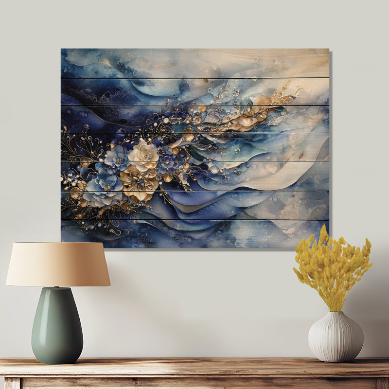 Abstrait bleu doré vagues de la brise de mer - art mural en bois côtier sur bois de pin naturel, H 30 po x l 40 po