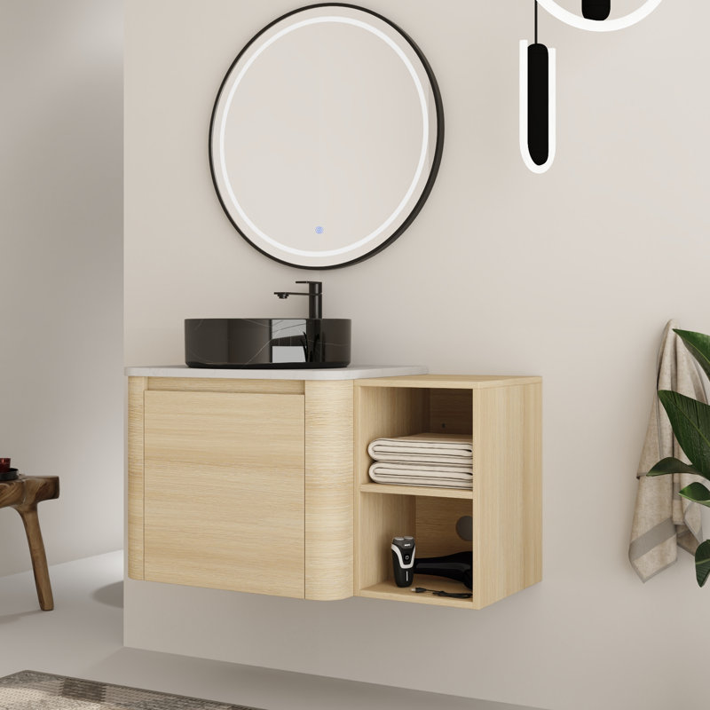 Ensemble de meuble-lavabo mural simple 36 po avec plateau en pierre reconstituée Eaton, 36, Noir / blanc