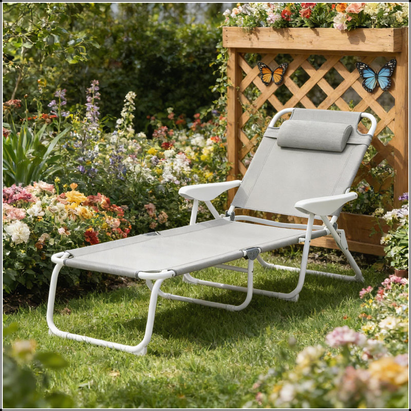 Light Gray Folding Chaise Lounge Chair with Breathable Mesh Fabric and Adjustable Backrest for Outdoor Tanning