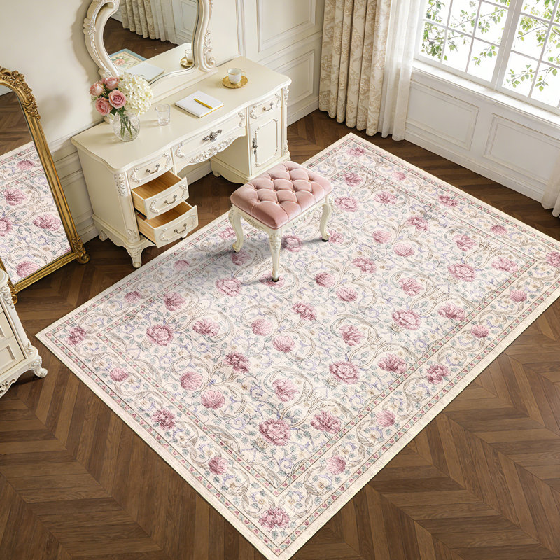 Vintage Floral Machine Washable Area Rug Easy Care Low Pile Non Slip Soft Indoor Carpet for Living Room Bedroom Office Home Decor