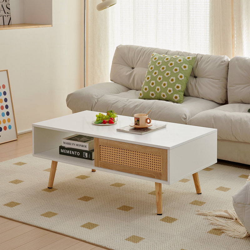 Table basse en rotin de 41,34 po avec porte coulissante en bois massif et pieds modernes pour le salon, Blanc