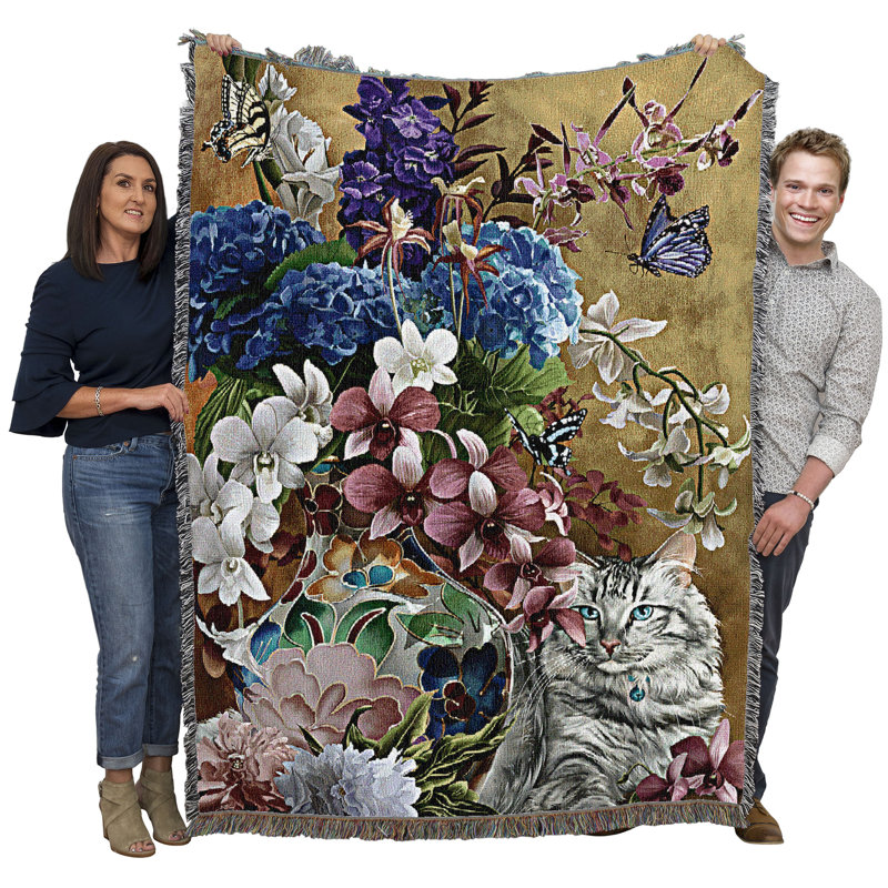 Pure Country Weavers Gilded Cat and Flowers Blanket by Nene Thomas - Gift for Cat Lovers - Tapestry Throw Woven from Cotton - Made in The USA (72x54)