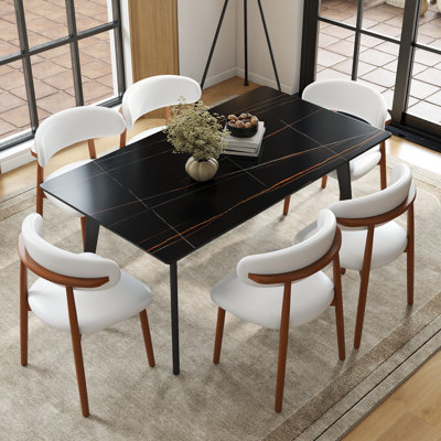Juvan Modern 7-Piece Rectangular Marble Dining Table Set With 6 Faux Leather Chair