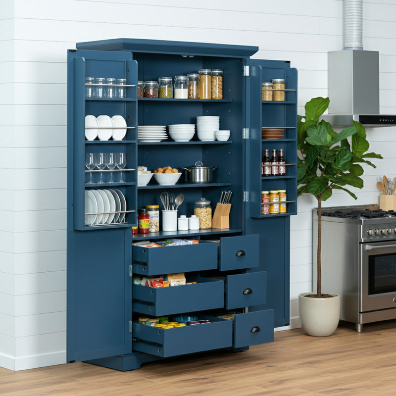 Garde-manger avec tablettes de porte et plateaux coulissants, Bleu