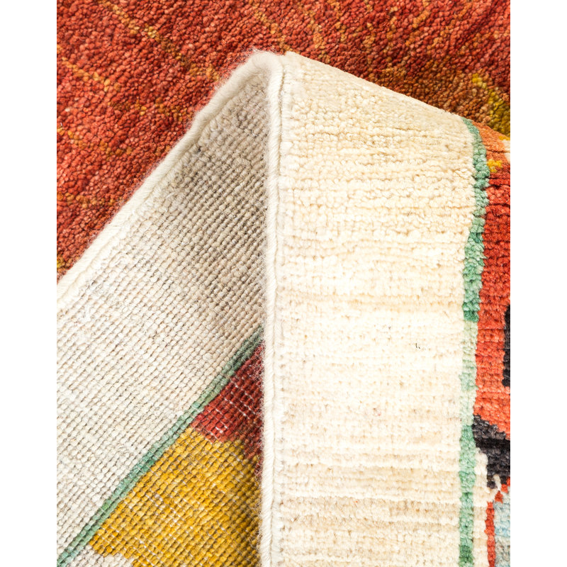 Tapis traditionnel noué à la main de conception unique Flavie - ivoire / noir / orange, 9 pi 7 po x 18 pi 10 po