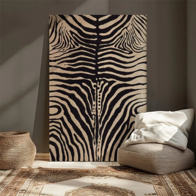 Canvas Wall Art,Zebra stripes: Intricate black and beige patterns, Abstract digital art style. Wall Decor, Framed Artwork, Ready to Hang, Available in 16x24, 20x30, 24x36 Inch