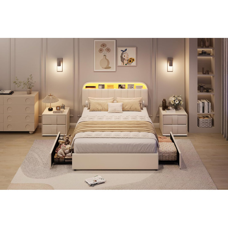 Structure de lit double en velours avec tête de lit à rangement et 2 tiroirs, beige, Double