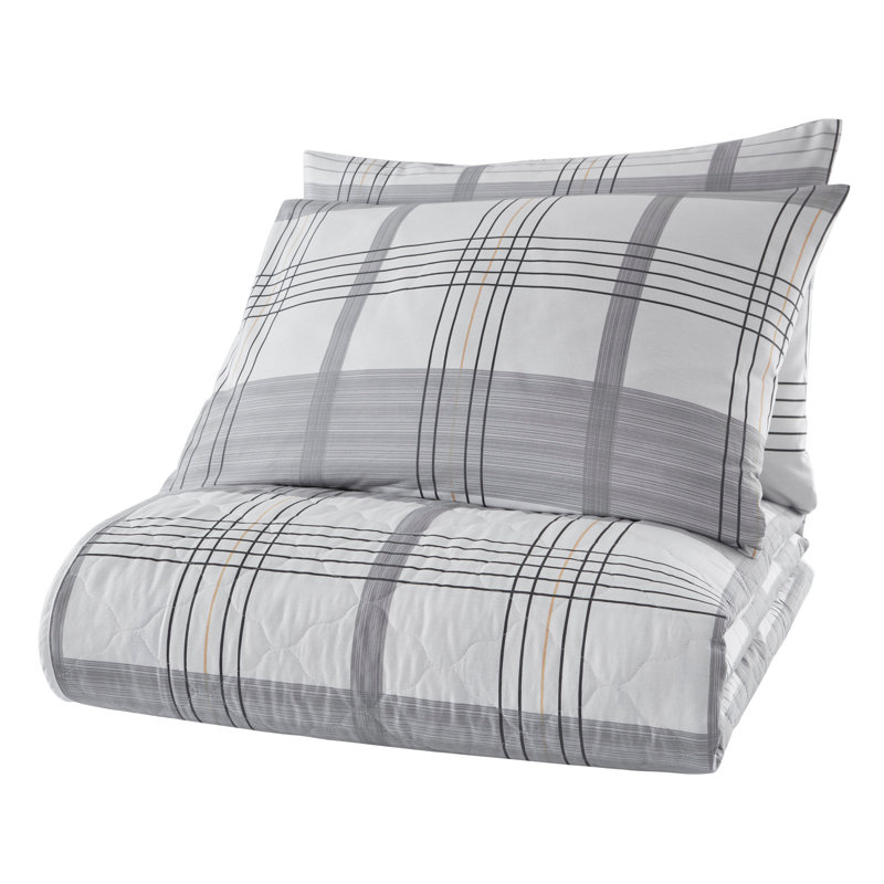 Ensemble de couvre-lit 100% coton gris / blanc Granado, Couvre-lit 94 po x 89 po + 2 taies d'oreiller stan