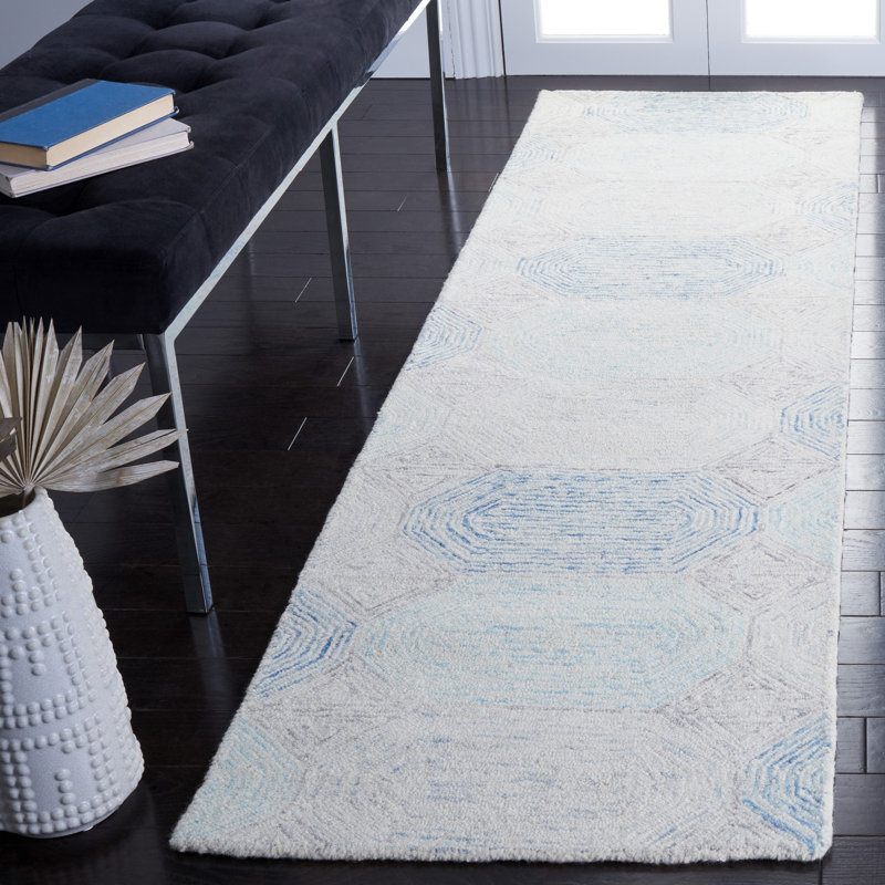 Kohut Hand Tufted Wool/Cotton Geometric Rug in Ivory/Blue, Runner 2'3" x 8'