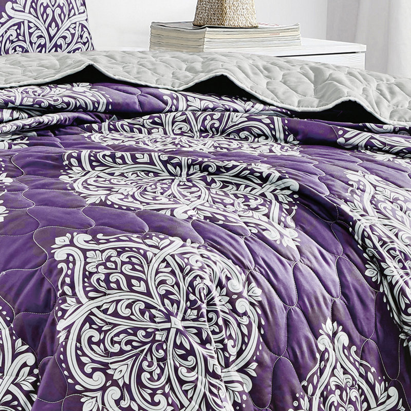 Microfiber 3 Piece Coverlet / Bedspread Set, Queen Coverlet/Bedspread + 2 Standard Shams, Purple/Gray Damask