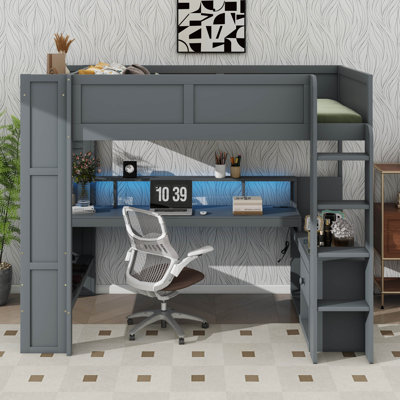 Lit mezzanine double en bois avec bureau, tablettes multiples, DEL et station de charge