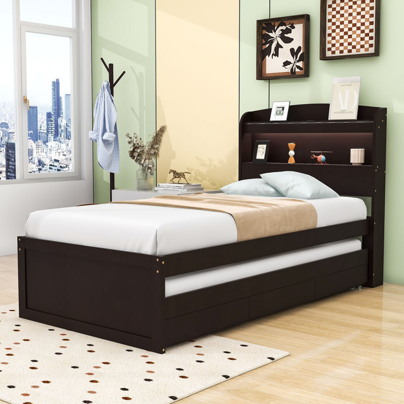 Eddra Size Multifunctional Platform Bed with LED Headboard,  Storage, and Pull-Out Twin Trundle, Dark Brown, Twin XL